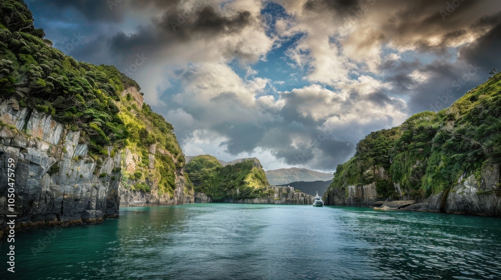 A picturesque view of the New Zealand fjords with lush green cliffs and turquoise waters under a dramatic sky, fjord setting with natural splendor, Dramatic style A picturesque view of the New Zealand fjords with lush green cliffs and turquoise waters under a dramatic sky, fjord setting with natural splendor, Dramatic style