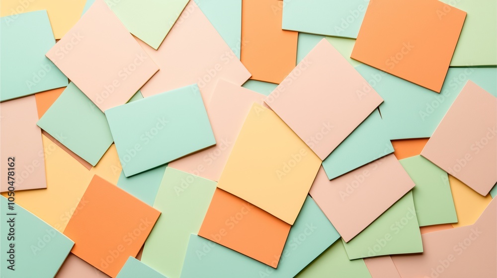 A colorful layout of various pastel paper sheets arranged in a random pattern, showcasing a variety of soft colors. A colorful layout of various pastel paper sheets arranged in a random pattern, showcasing a variety of soft colors.