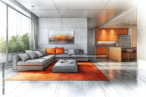 Abstract sketch design of interior, light living room with big sofa photo