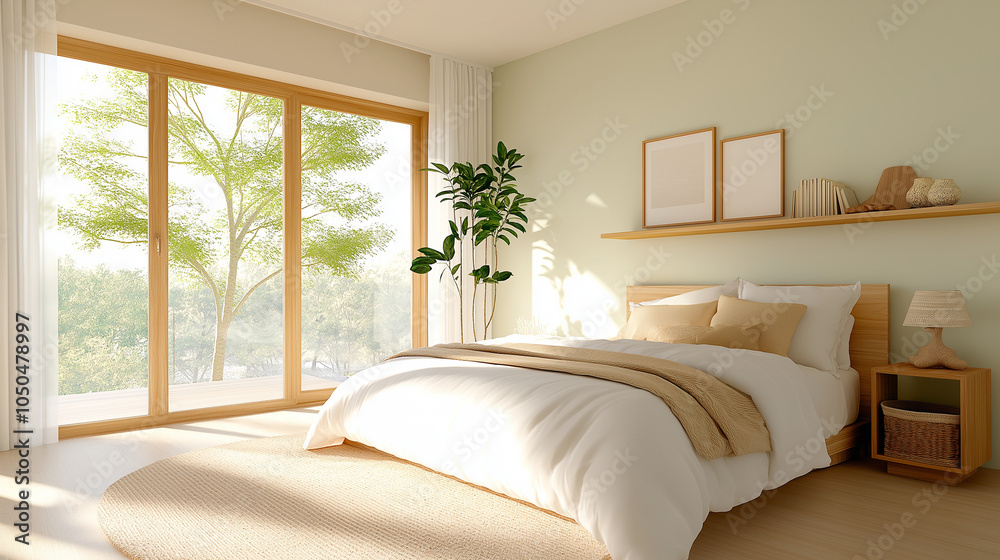 Fototapeta premium A childrenâs bedroom with bright pastel walls, a cozy bed with light bedding, and natural wooden furniture. The room includes a small bookshelf, a few simple decor items, and a win