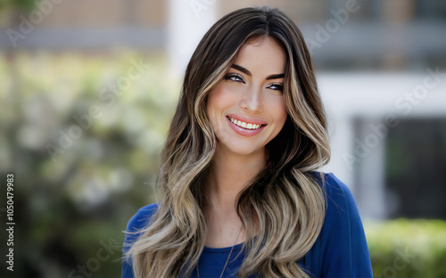 beautiful woman with long, shiny wavy hair