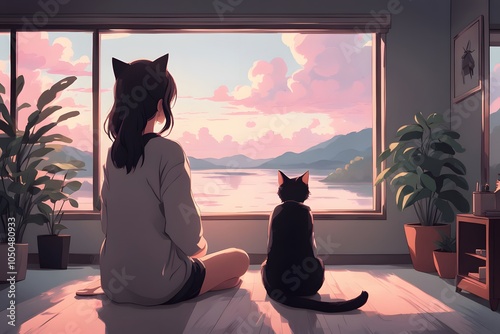 girl and cat looking to window anime background photo