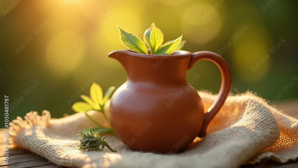 Enchanting Herbal Brew in Rustic Ewer against Glowing Nature