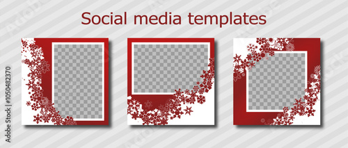 Christmas social media templates design, set of background for banner, flyer, card on the gradient backdrop with many snowflakes. bright vector illustration for poster, frame en white and red tones.