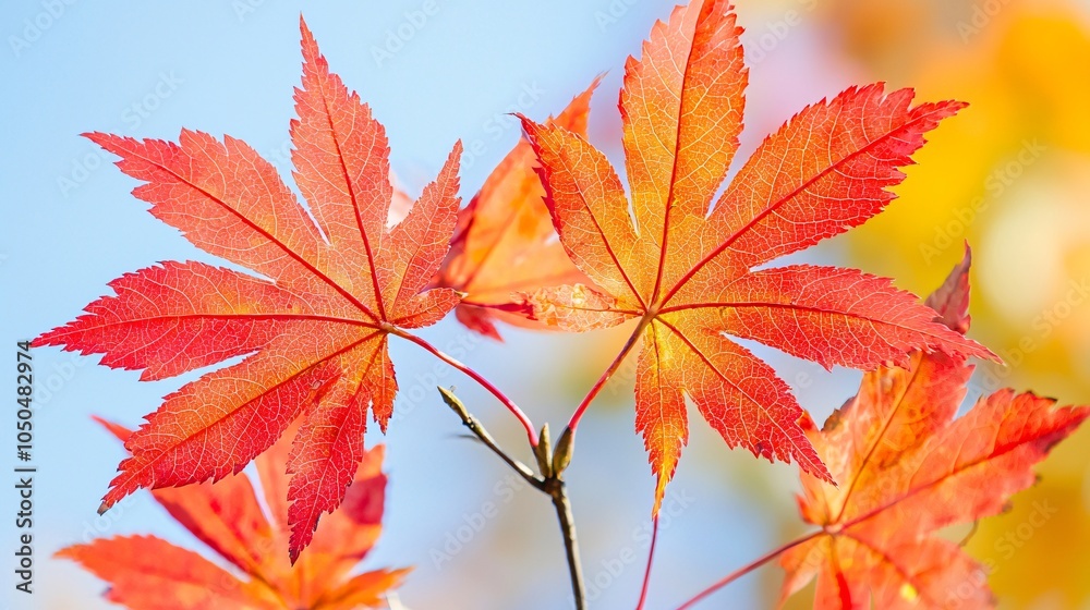 Vibrant red and orange maple leaves against a soft blue sky, showcasing the beauty of autumn foliage. Vibrant red and orange maple leaves against a soft blue sky, showcasing the beauty of autumn foliage.