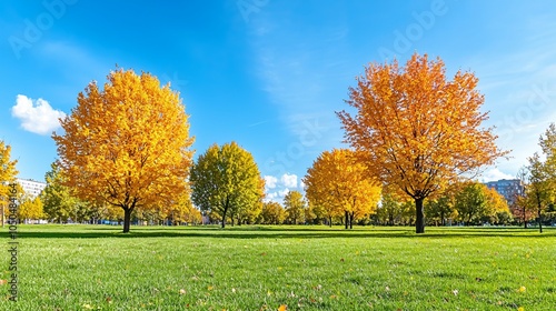 Bright yellow trees stand majestically against a clear blue sky, surrounded by lush green grass, embodying the vibrant beauty of autumn.