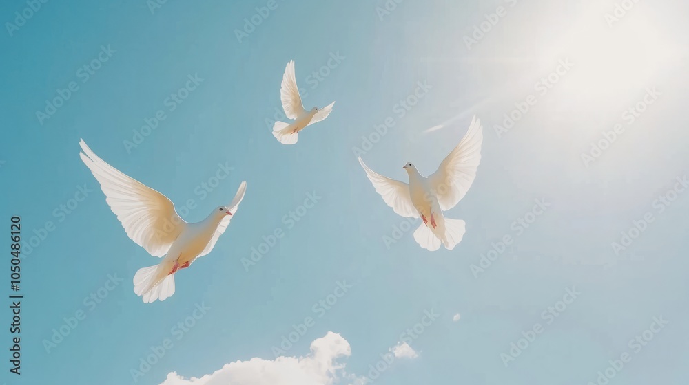 Fototapeta premium bird, dove, sky, love, Thanksgiving, Thanksgiving, pigeon, flying, blue, white, peace, wing, White doves fly in the air, sacred light shines down from above, blue background with white clouds, white 