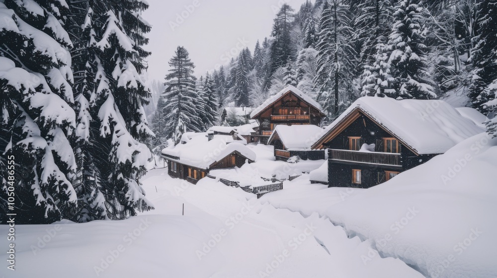 A picturesque village in the Swiss Alps with charming chalets and snow-covered slopes, winter setting with crisp white snow, Alpine style A picturesque village in the Swiss Alps with charming chalets and snow-covered slopes, winter setting with crisp white snow, Alpine style
