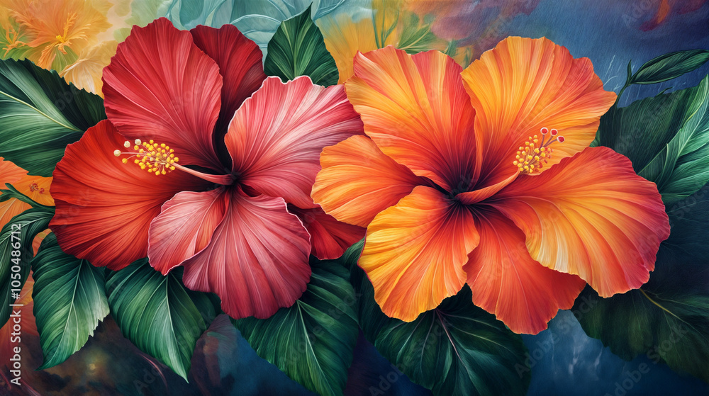 Obraz premium The image is a digital artwork of three hibiscus flowers in different colors of red, orange, and yellow.