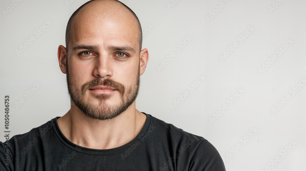 The image shows a man with a shaved head and a beard, wearing a black shirt, posing against a white background. The image shows a man with a shaved head and a beard, wearing a black shirt, posing against a white background.
