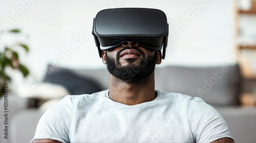  The image shows a man wearing a virtual reality headset, sitting on a couch. He appears to be experiencing a virtual reality environment.