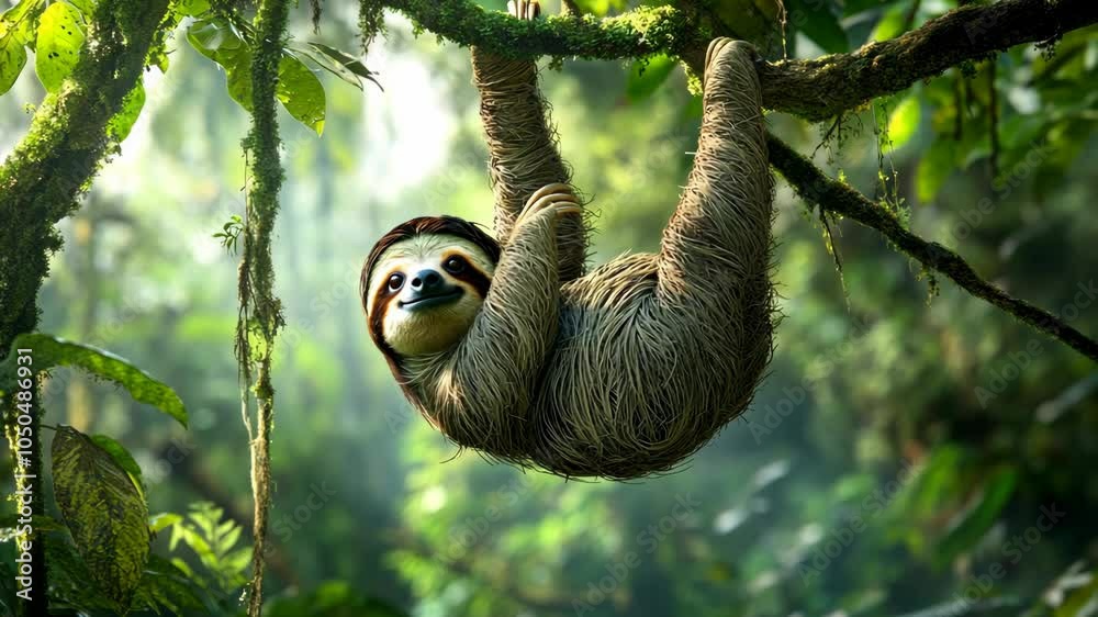 A sloth hangs upside down from a tree branch in a lush, green rainforest