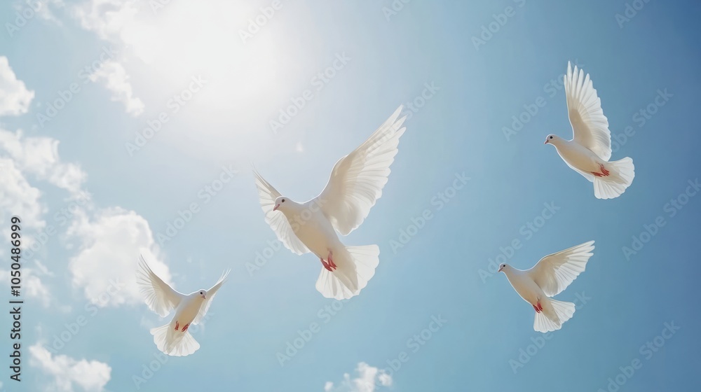 Fototapeta premium bird, dove, sky, love, Thanksgiving, Thanksgiving, pigeon, flying, blue, white, peace, wing, White doves fly in the air, sacred light shines down from above, blue background with white clouds, white 