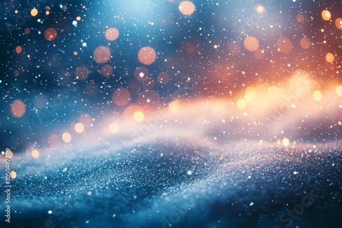 Abstract white snow background with bokeh lights and glitter, featuring blurred light particles and sparkling stars, creating a magical atmosphere for Christmas or New Year celebrations.