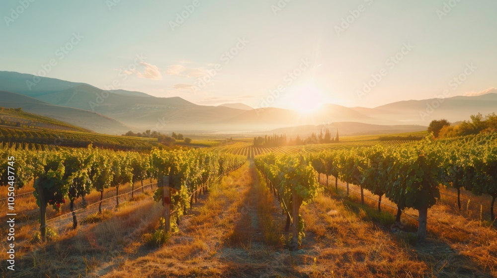 Naklejka premium A picturesque vineyard at sunrise with rows of grapevines and distant mountains, Winery setting with scenic beauty, Romantic style
