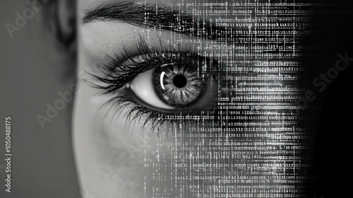 Black and white close-up of a human eye with superimposed digital binary code, symbolizing the intersection of technology and human perception.