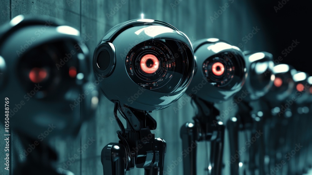 A row of futuristic robot heads with glowing red eyes against a dark backdrop, depicting advanced surveillance technology or artificial intelligence concept. A row of futuristic robot heads with glowing red eyes against a dark backdrop, depicting advanced surveillance technology or artificial intelligence concept.