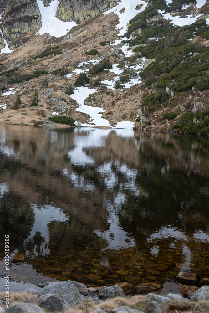 The Small Pound behind the mountain cabin Samitnia in the Karkonosze Mountains, Poland, surrounded by lush greenery and stunning natural beauty.