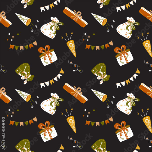 Seamless holiday pattern with gifts, festive bags, poppers, and garlands on a dark background. Warm tones of green, orange, and beige create a cozy, holiday perfect for seasonal designs