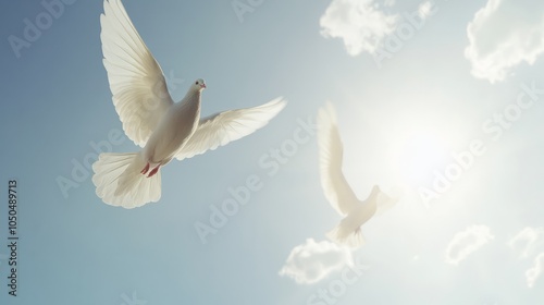 Wallpaper Mural bird, dove, sky, love, Thanksgiving, Thanksgiving, pigeon, flying, blue, white, peace, wing, White doves fly in the air, sacred light shines down from above,  blue background with white clouds, white  Torontodigital.ca