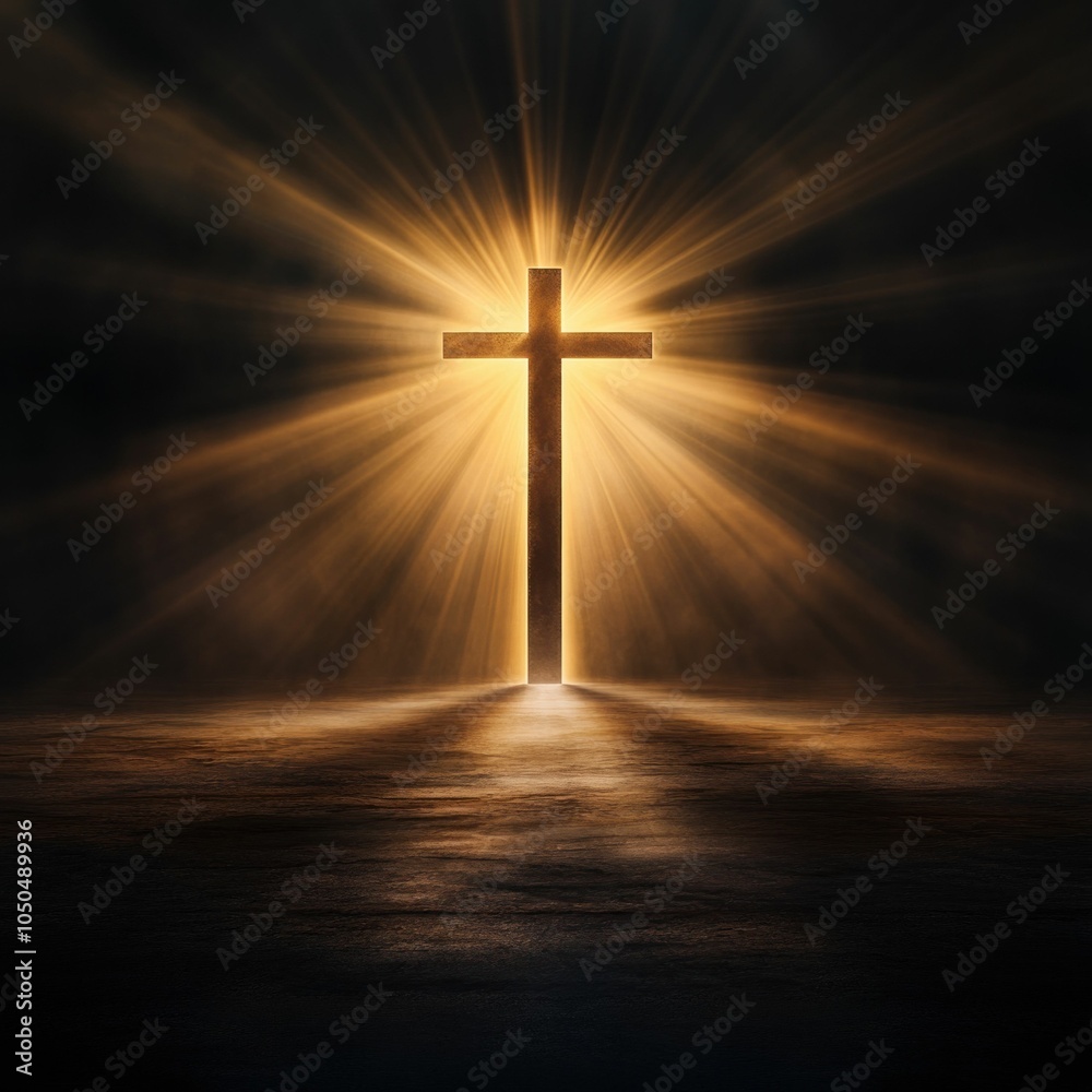 Illuminated Cross with Radiating Light Rays on Dark Background Illuminated Cross with Radiating Light Rays on Dark Background