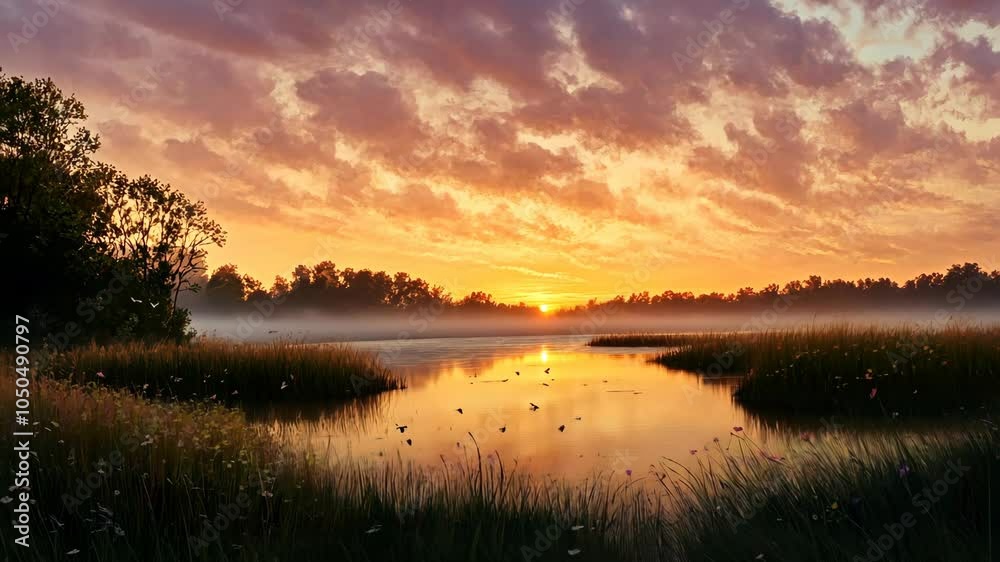 A serene lake reflects the golden hues of a beautiful sunrise, casting a warm glow over the surrounding landscape