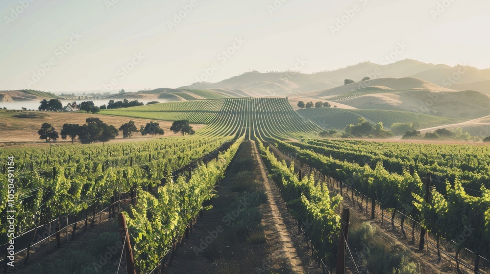 Naklejka premium A picturesque vineyard with rows of grapevines and rolling hills at sunset, Winery setting with romantic charm, Romantic style