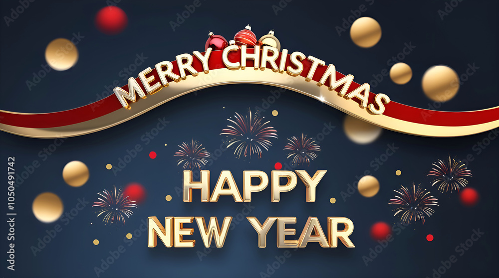 Naklejka premium Merry Christmas and Happy New Year with Gold Waves, Glittering Ornaments, and Fireworks 3D Design. Festive Banner and Web Poster, Greeting Card, Flyer and Brochure.