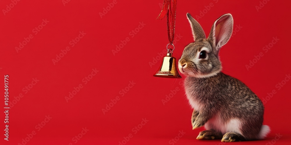 Fototapeta premium Cute Rabbit with Christmas Bell on Red Background