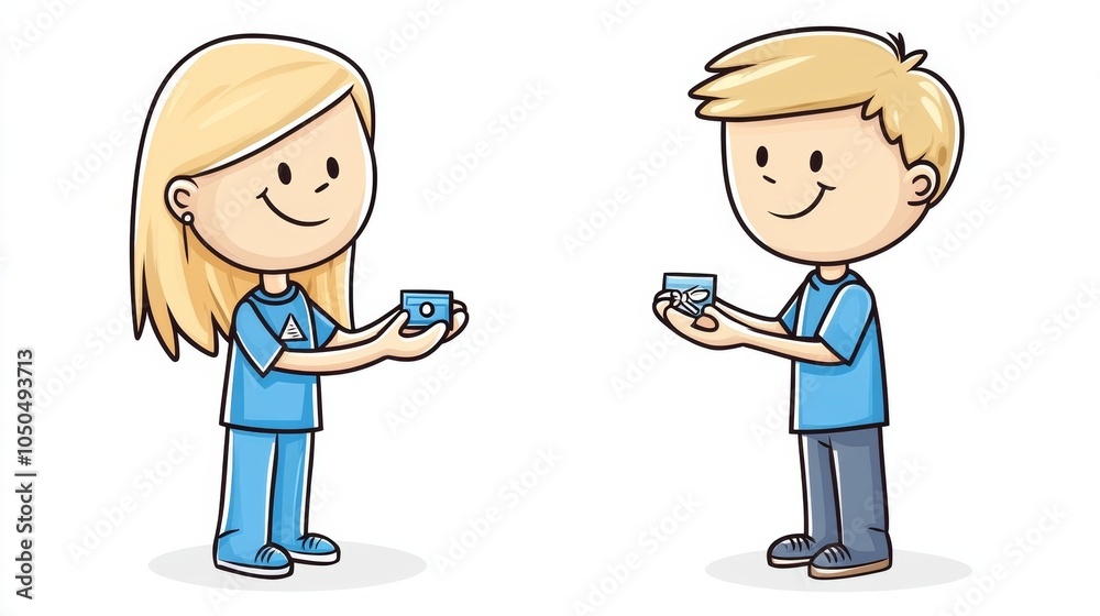 Cartoon Kids Holding Blue Objects Sharing Friendship Illustration Cartoon Kids Holding Blue Objects Sharing Friendship Illustration