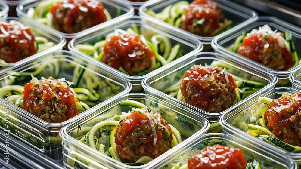 A close-up of several containers of zucchini noodles with meatball marinara, ready for a healthy meal prep A close-up of several containers of zucchini noodles with meatball marinara, ready for a healthy meal prep