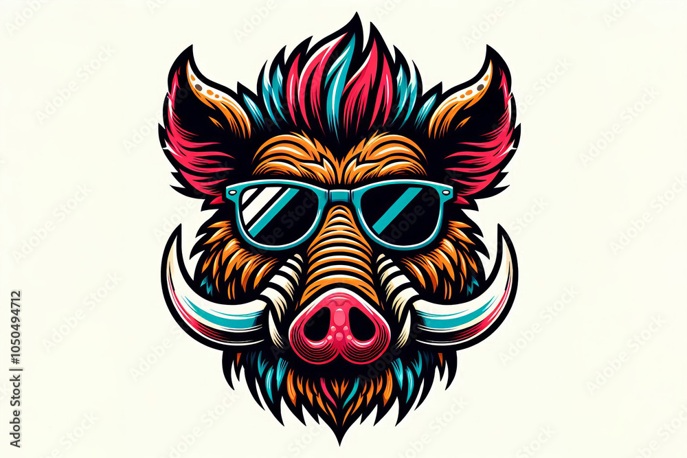 Fototapeta premium Colorful character boar with sunglasses, tusks, mohawk hairstyle, visually interesting and intricate design, playful and unique illustration, lively animal character, ideal for eye-catching artwork,