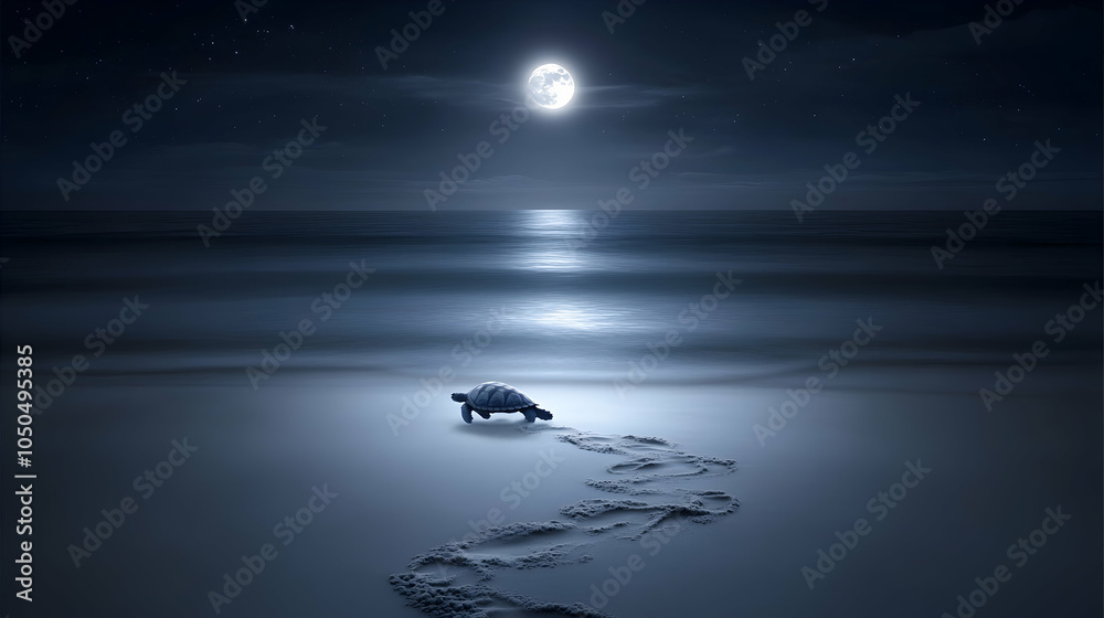 Fototapeta premium A lone sea turtle walks on a sandy beach under a full moon and starry sky.