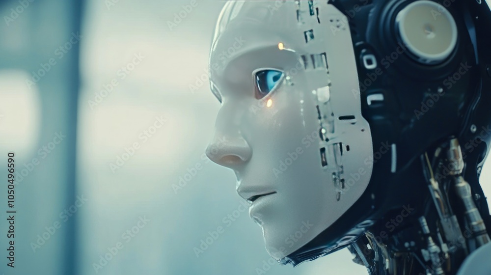 Close-up of a humanoid robot with a highly detailed face, blue eye, and visible mechanical parts, reflecting advanced artificial intelligence and robotics engineering. Close-up of a humanoid robot with a highly detailed face, blue eye, and visible mechanical parts, reflecting advanced artificial intelligence and robotics engineering.