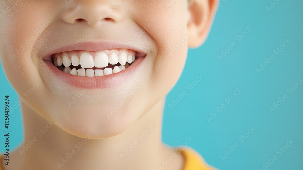 Cheerful boy with bright smile showcases his perfect healthy teeth against blue background, radiating happiness and joy Cheerful boy with bright smile showcases his perfect healthy teeth against blue background, radiating happiness and joy