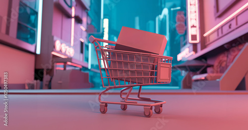 Shopping cart on neon baclground. For layout, mockup, bannerr, design, etsy, shop, web, linkedin, app, black friday, cyber monday, eleven eleven, youtube photo