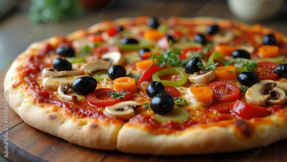 Delicious veggie pizza with colorful toppings on a golden crust Delicious veggie pizza with colorful toppings on a golden crust