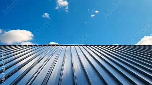 A metal roof with a slight upward slope against a blue sky with white clouds