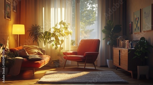Interior of a cozy living room with comfortable furnishings, illuminated by soft sunlight