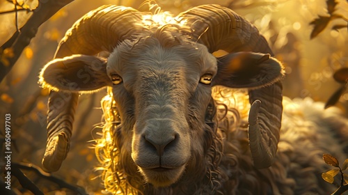 A close-up shot of the ram’s face, its eyes reflecting the soft glow of the sunlight, with branches and leaves partially covering its fur. In the background, Abraham and Isaac are visible,