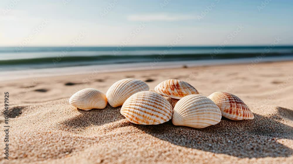 Seashells lay on the beach sand with the ocean in the background Seashells lay on the beach sand with the ocean in the background