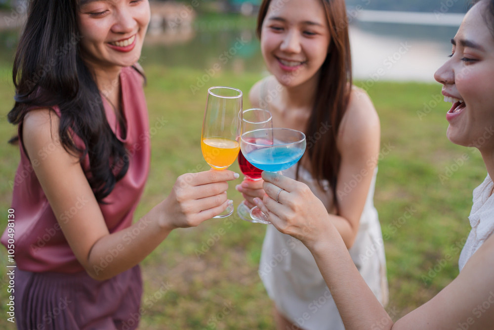 Asian women celebrating, meeting and chatting in a bar. Places to visit, beautiful lights Asian women celebrating, meeting and chatting in a bar. Places to visit, beautiful lights