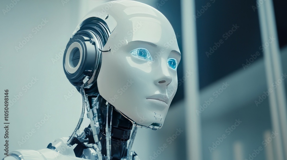A humanoid robot with a white head and black mechanical neck, featuring blue eyes, exemplifying advancements in robotics and artificial intelligence technology. A humanoid robot with a white head and black mechanical neck, featuring blue eyes, exemplifying advancements in robotics and artificial intelligence technology.