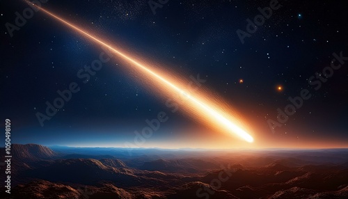 A single meteor glowing intensely as it pierces through a dark starless sky, with embers tra photo