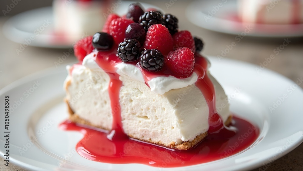 Delicious pavlova dessert with berries cream and raspberry sauce Delicious pavlova dessert with berries cream and raspberry sauce