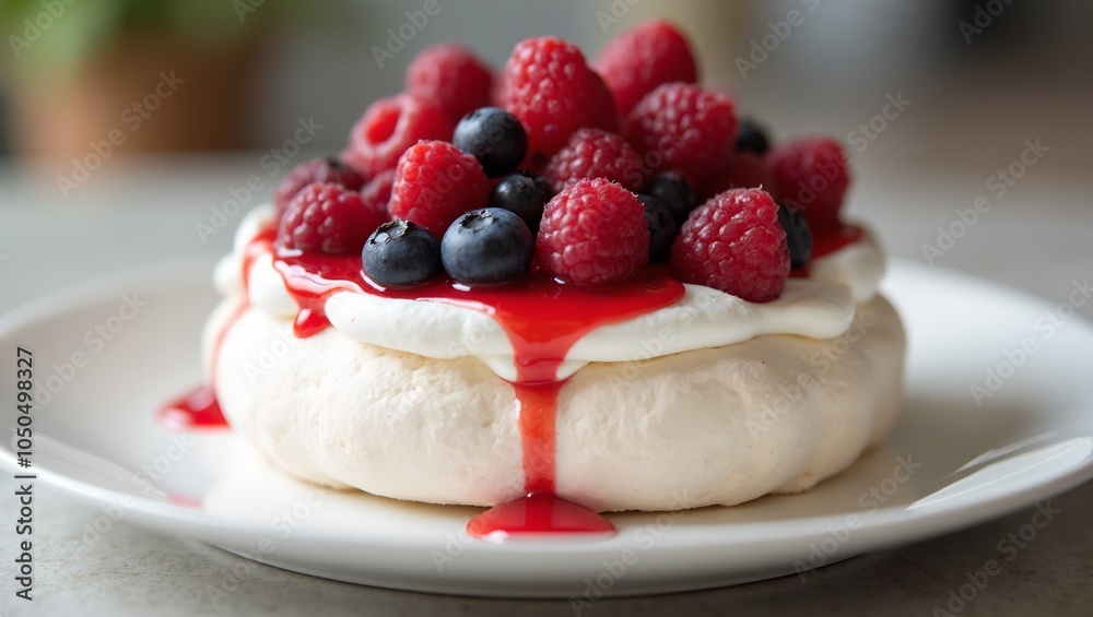 Delicious pavlova dessert with berries cream and raspberry sauce Delicious pavlova dessert with berries cream and raspberry sauce