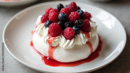 Delicious pavlova dessert with berries cream and raspberry sauce