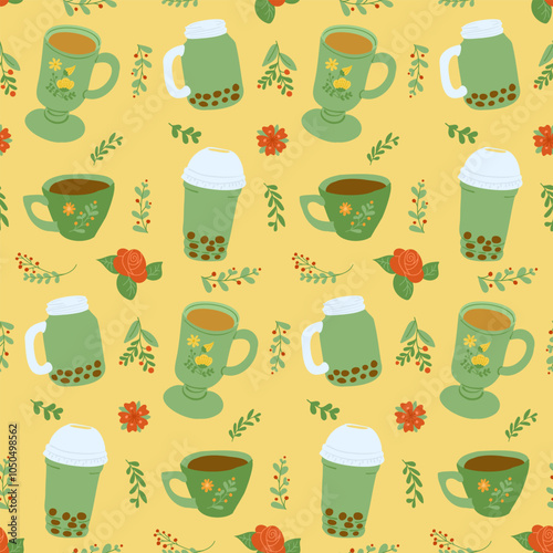 WSeamless pattern with various green cups and bubble tea jars accomplished with floral elements on warm yellow background, creating cozy and refreshing design. Vector illustration in flat style