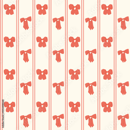 Seamless pattern with red bows and vertical stripes on light background, creating a classic and elegant design perfect for wrapping or decorative use. Vector girlhood pattern illustration