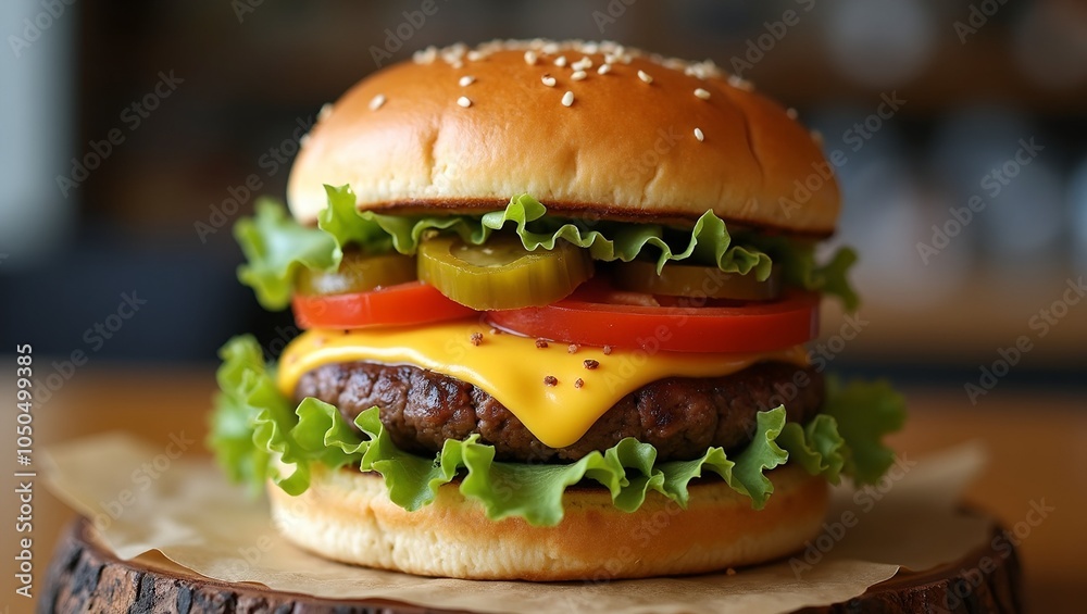 Delicious burger with beef patty cheese lettuce tomato pickles in brioche bun Delicious burger with beef patty cheese lettuce tomato pickles in brioche bun
